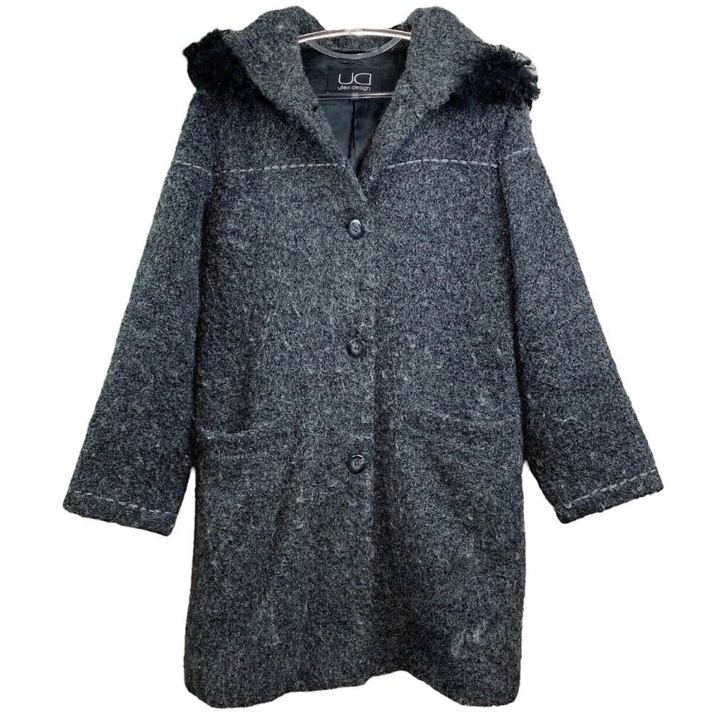 Utex Design Wool Blend Faux Fur Buttoned Hooded Coat Jacket Gray Black Sz Small